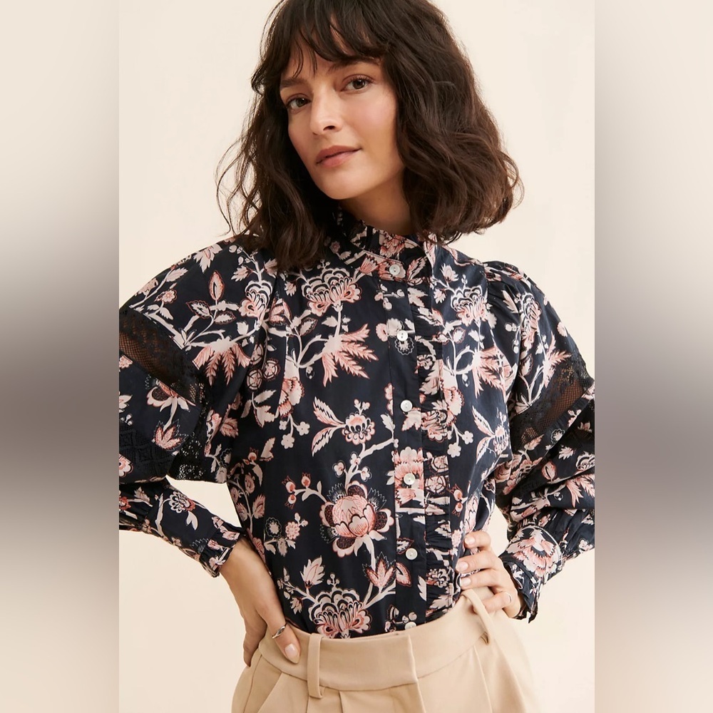 Love the label Floral balloon Puff Sleeve Blouse cottagecore poplin lace boho s